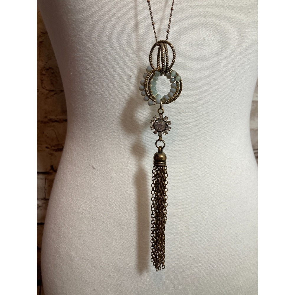 Boho‎ Lariat Tassel Necklace Bronze Tone Aqua Faceted Beads Layering Stackable - Picture 11 of 13
